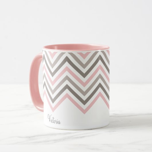 Roze grijze witte Chevron Pattern, gepersonaliseer Mok (Voorkant links)