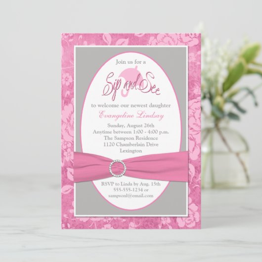 Roze, grijze, witte flesje Sip en zie uitnodiging (Staand voorkant)