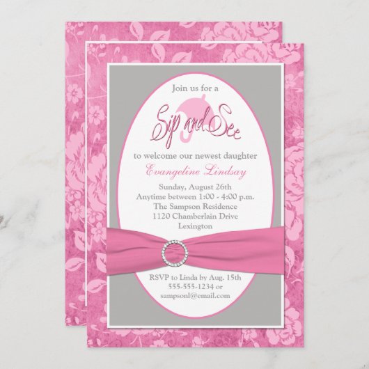 Roze, grijze, witte flesje Sip en zie uitnodiging (Voorkant / Achterkant)