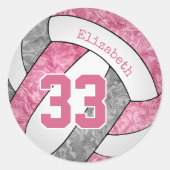 roze grijze witte gepersonaliseerde volleybal meis ronde sticker (Voorkant)