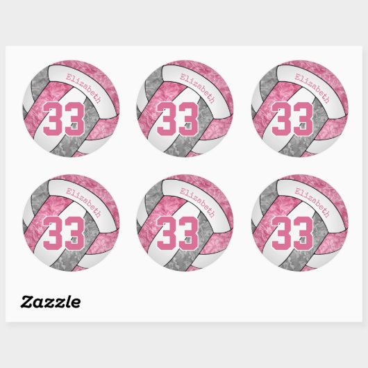 roze grijze witte gepersonaliseerde volleybal meis ronde sticker (Vel)