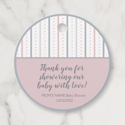 Roze grijze witte strepe Baby shower met gedopte s Bedankjes Labels (Voorkant)