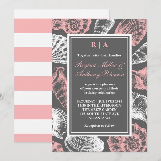 Roze grijze witte zeeshells met uitnodiging tot hu (Voorkant / Achterkant)