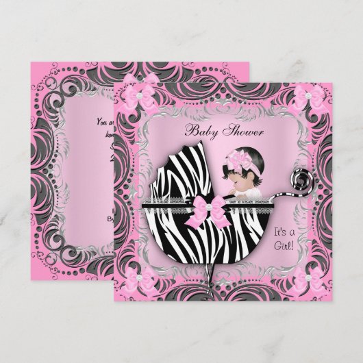 Roze grijze Zebra Baby shower Cute Baby Girl Kaart (Voorkant / Achterkant)