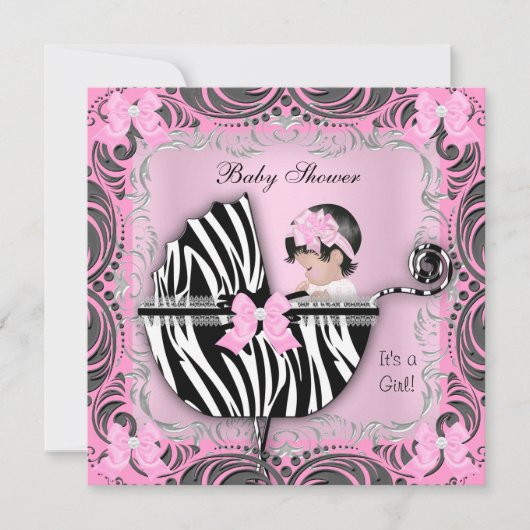 Roze grijze Zebra Baby shower Cute Baby Girl Kaart (Voorkant)