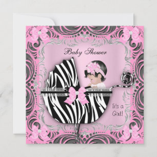 Roze Grijze Zebra Baby Shower Schattige Baby Meisj Kaart