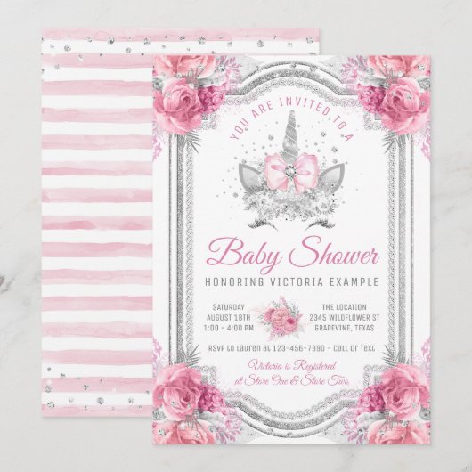 Roze Grijze Zilveren Diamanten Eenhoorn Baby Showe Kaart (Voorkant / Achterkant)