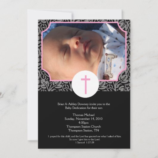 Roze/grijze/zwarte baptisme Baby Dedicatie 5x7 fot Kaart (Voorkant)