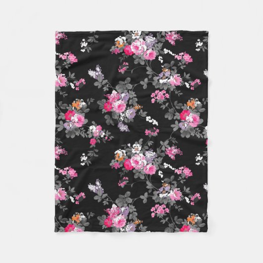  roze grijze zwarte bloemen patroon fleece deken (Voorkant)