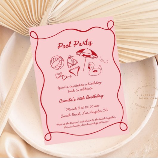 Roze grillig zwembad Party Zomer Bday Uitnodiging