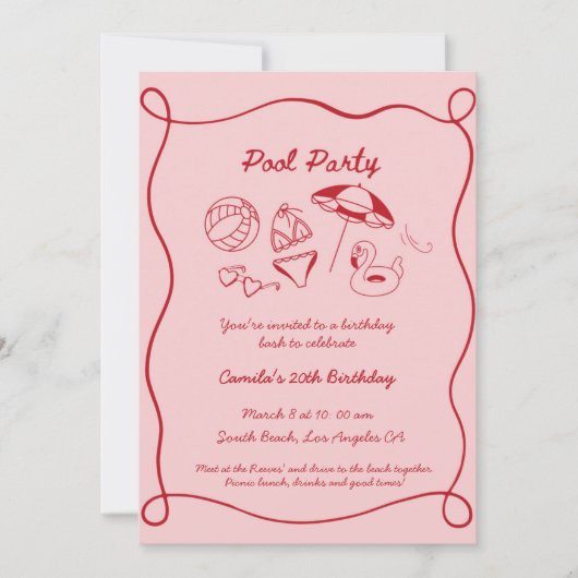 Roze grillig zwembad Party Zomer Bday Uitnodiging (Voorkant)