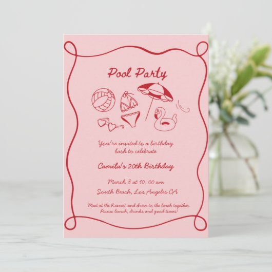 Roze grillig zwembad Party Zomer Bday Uitnodiging (Staand voorkant)