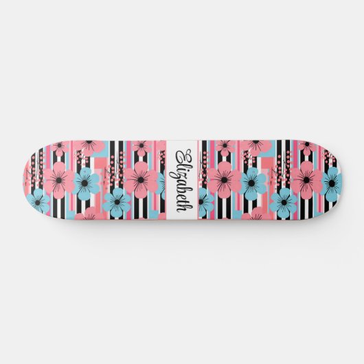  roze grillige bloemige aangepaste naam persoonlijk skateboard (Horizontaal)