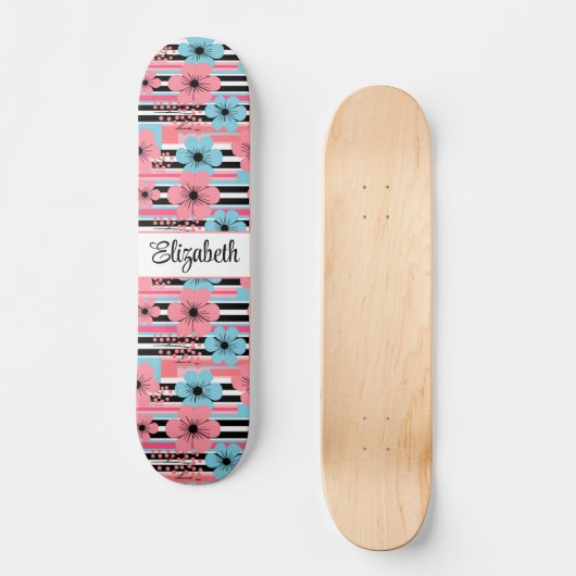  roze grillige bloemige aangepaste naam persoonlijk skateboard (Voorkant)