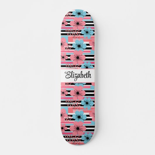  roze grillige bloemige aangepaste naam persoonlijk skateboard (Voorkant)