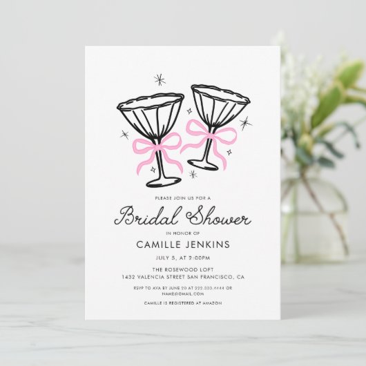 Roze grillige Champagne Bruids Douche Uitnodiging (Staand voorkant)