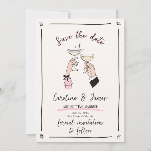 Roze grillige Champagne Toast Handen Save the Date Kaart (Voorkant)
