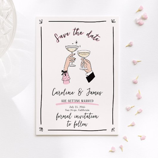 Roze grillige Champagne Toast Handen Save the Date Kaart