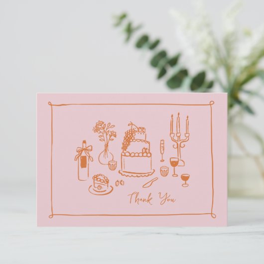 Roze grillige Doodle met de hand getekend Dank u Bedankkaart (Staand voorkant)