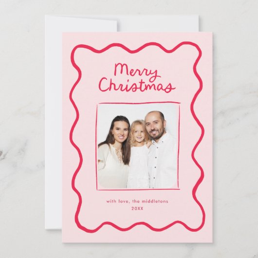 Roze grillige Doodle Wavy Lijst Kerstfoto Feestdagenkaart (Voorkant)