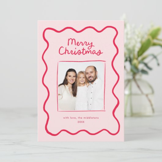 Roze grillige Doodle Wavy Lijst Kerstfoto Feestdagenkaart (Staand voorkant)