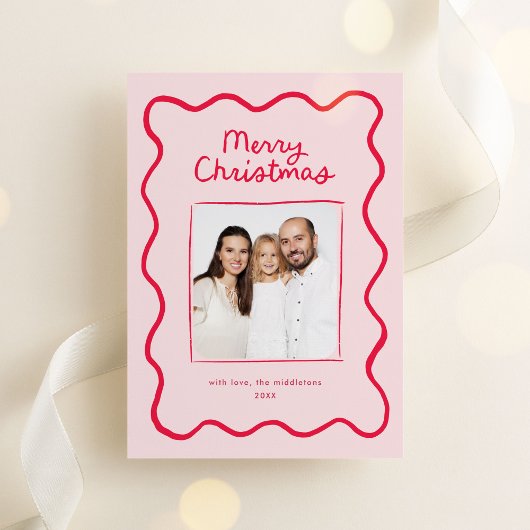 Roze grillige Doodle Wavy Lijst Kerstfoto Feestdagenkaart