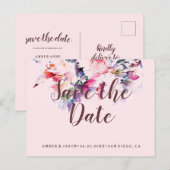 Roze grillige Floral Waterverf Save the Date Aankondigingskaart (Voorkant / Achterkant)