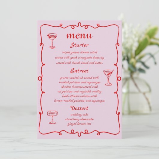 Roze grillige hand getekend Franse bruiloft menu (Staand voorkant)