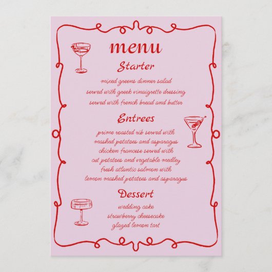 Roze grillige hand getekend Franse bruiloft menu
