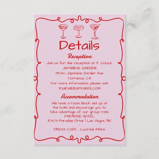 Roze grillige hand getekend retro bruiloft details informatiekaartje (Voorkant)