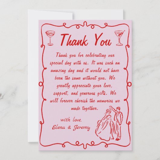 Roze grillige hand getrokken bruiloft bedankkaart (Voorkant)