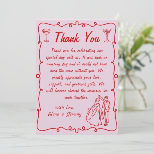 Roze grillige hand getrokken bruiloft bedankkaart (Staand voorkant)