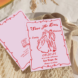 Roze grillige hand getrokken bruiloft Save the dat Kaart