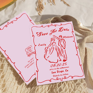 Roze grillige hand getrokken bruiloft Save the dat Kaart