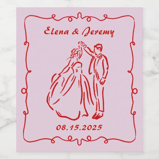 Roze grillige hand getrokken bruiloft wijn label wijn etiket (Enkel label)