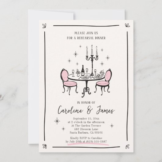 Roze grillige Hand getrokken diner tafel repetitie Kaart (Voorkant)