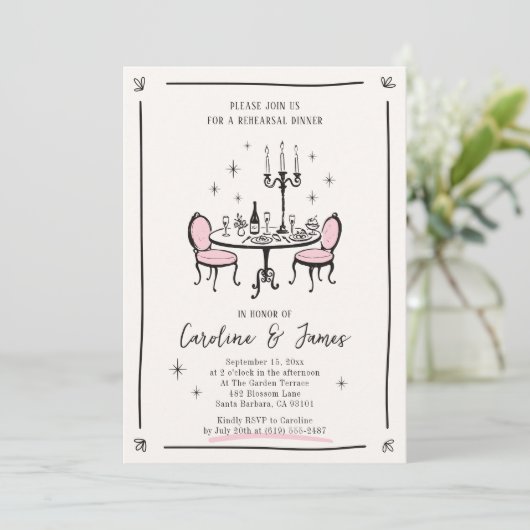 Roze grillige Hand getrokken diner tafel repetitie Kaart (Staand voorkant)