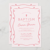 Roze grillige Hand getrokken doop uitnodiging (Voorkant / Achterkant)