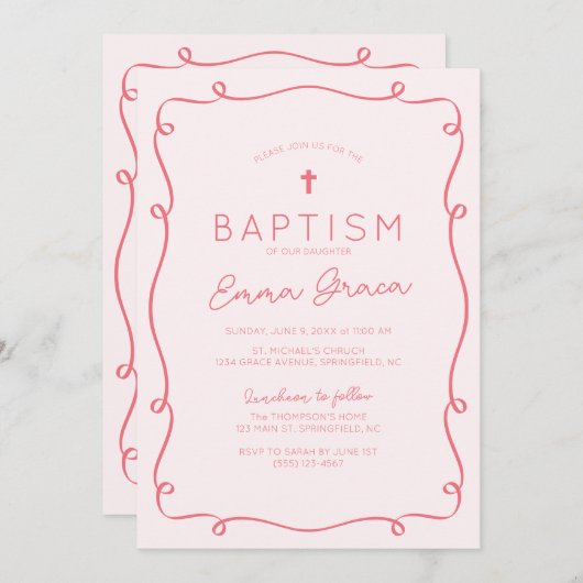 Roze grillige Hand getrokken doop uitnodiging (Voorkant / Achterkant)