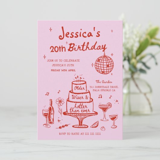 Roze grillige hand getrokken funky verjaardagsfees kaart (Staand voorkant)