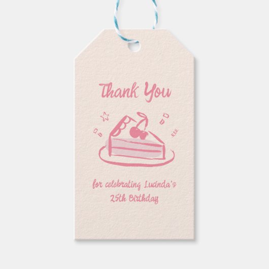 Roze grillige Hand getrokken verjaardagstaart Dank Cadeaulabel (Voorkant)