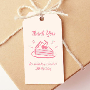 Roze grillige Hand getrokken verjaardagstaart Dank Cadeaulabel