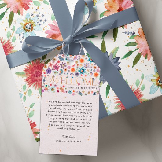 Roze grillige Wildflower Gold bruiloft Welkom Cadeaulabel
