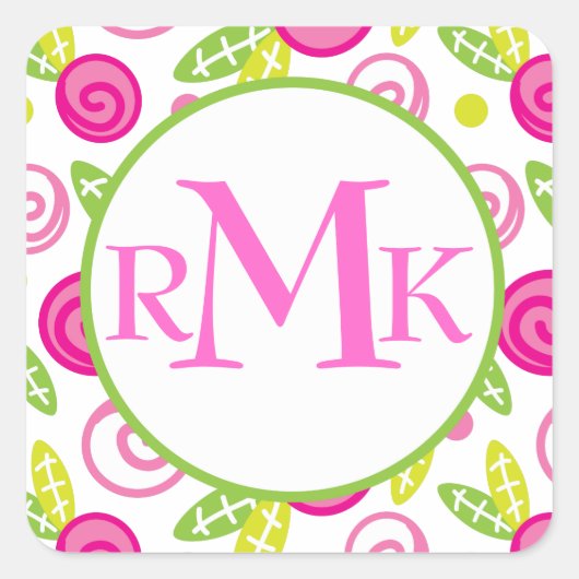 Roze & Groen Abstract Bloemen Monogram Stickers (Voorkant)