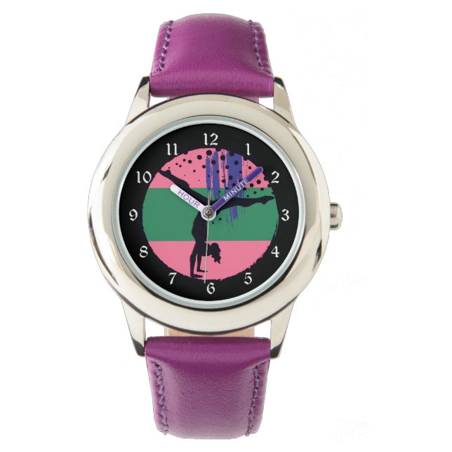 Roze Groen Abstract Kunst Gymnast Horloge (Voorkant)