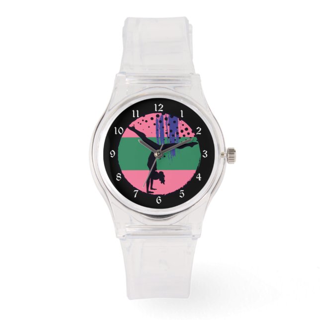 Roze Groen Abstract Kunst Gymnast Horloge (Voorkant)