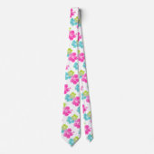 Roze/Groen/Aqua Blue Hibiscus/Hawaiian Floral Stropdas (Voorkant)