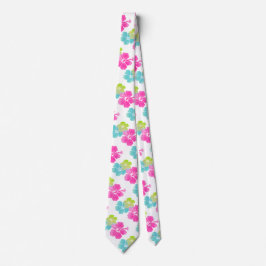 Roze/Groen/Aqua Blue Hibiscus/Hawaiian Floral Stropdas