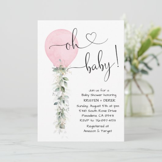 Roze groen ballon Baby shower Kaart (Staand voorkant)