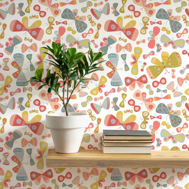 Roze Groen Blauw Pastel Vlinder Kunst Behang (Butterfly pattern art wallpaper)